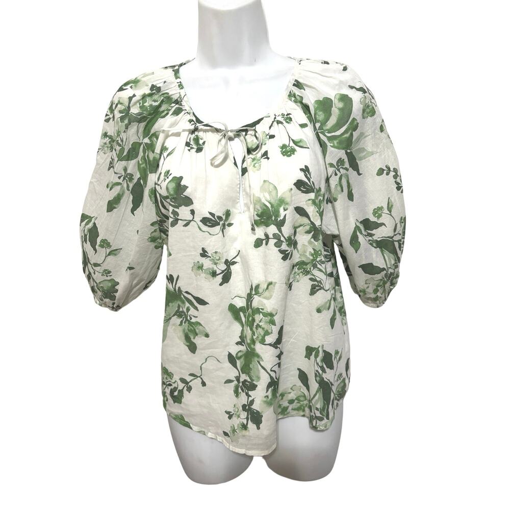 Ambercrombie & Fitch Floral Peasant  Blouse XS White Green Puff Sleeve Bloomcore